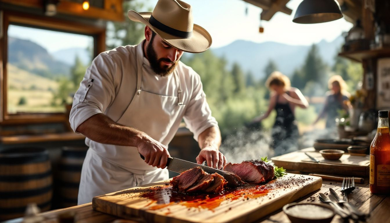 A chef skillfully carving authentic barbecue meat.