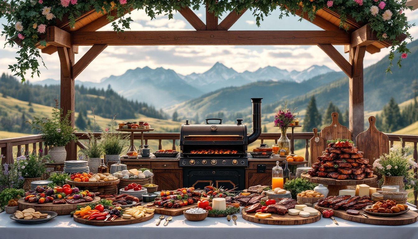 A beautifully arranged barbecue catering setup for an event.